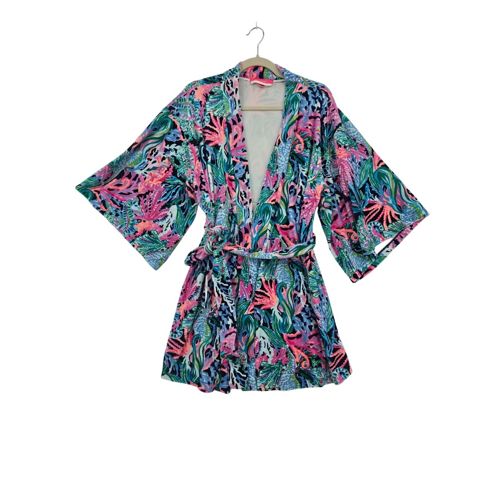 Lilly Pulitzer Elaine Velour Kimono Robe Women Bringing Mermaid Back Coral S/M